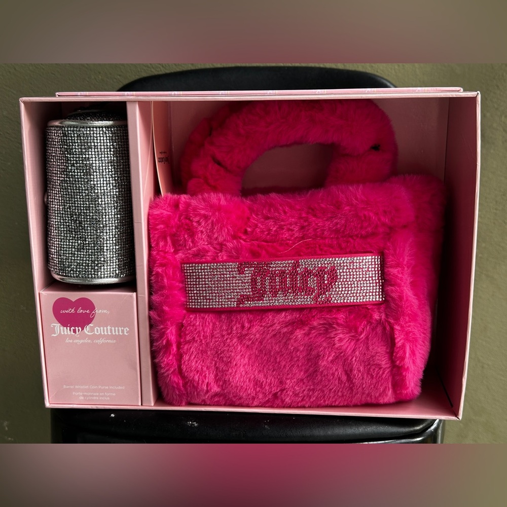 Juicy Couture Mini Faux Fur Tote Bag & Silver Barrel Pouch Hot Pink